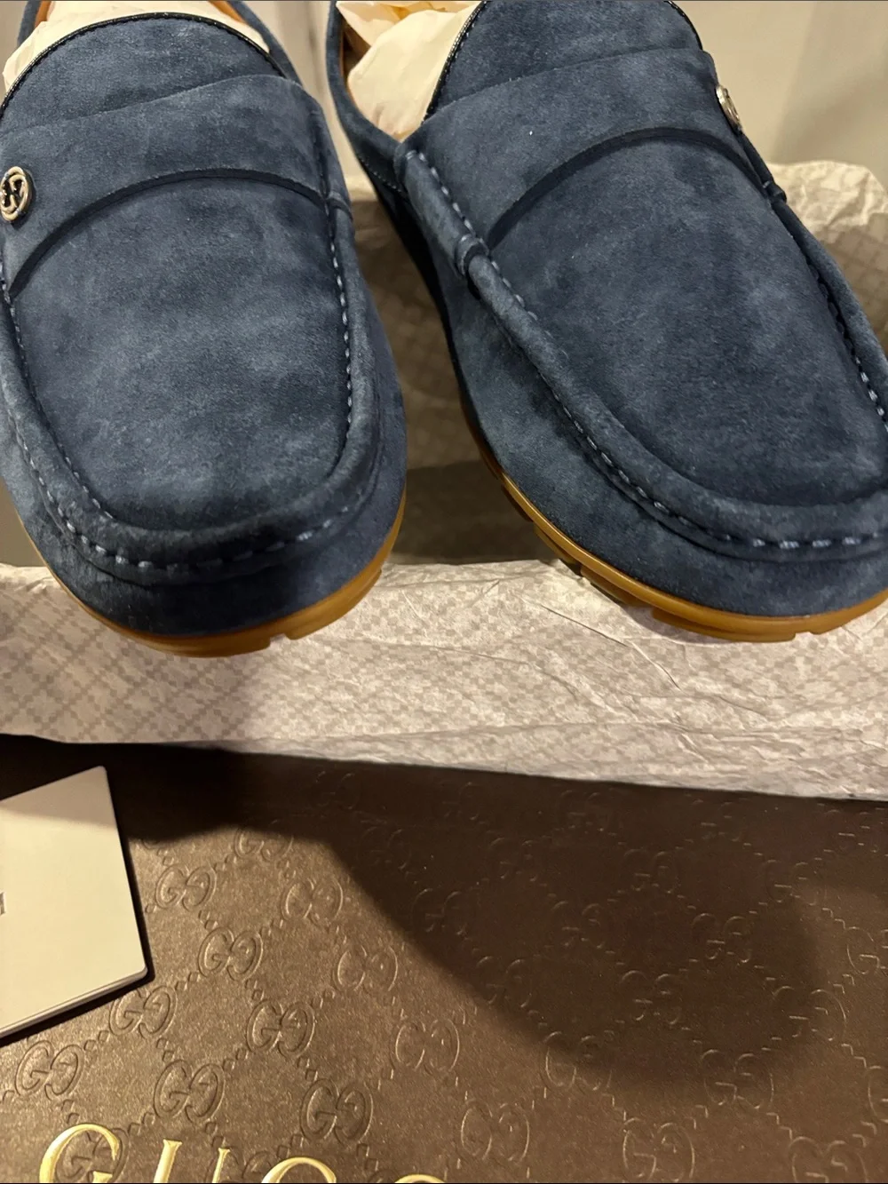Gucci Navy Suede Slip-On Loafers with Subtle GG Accent